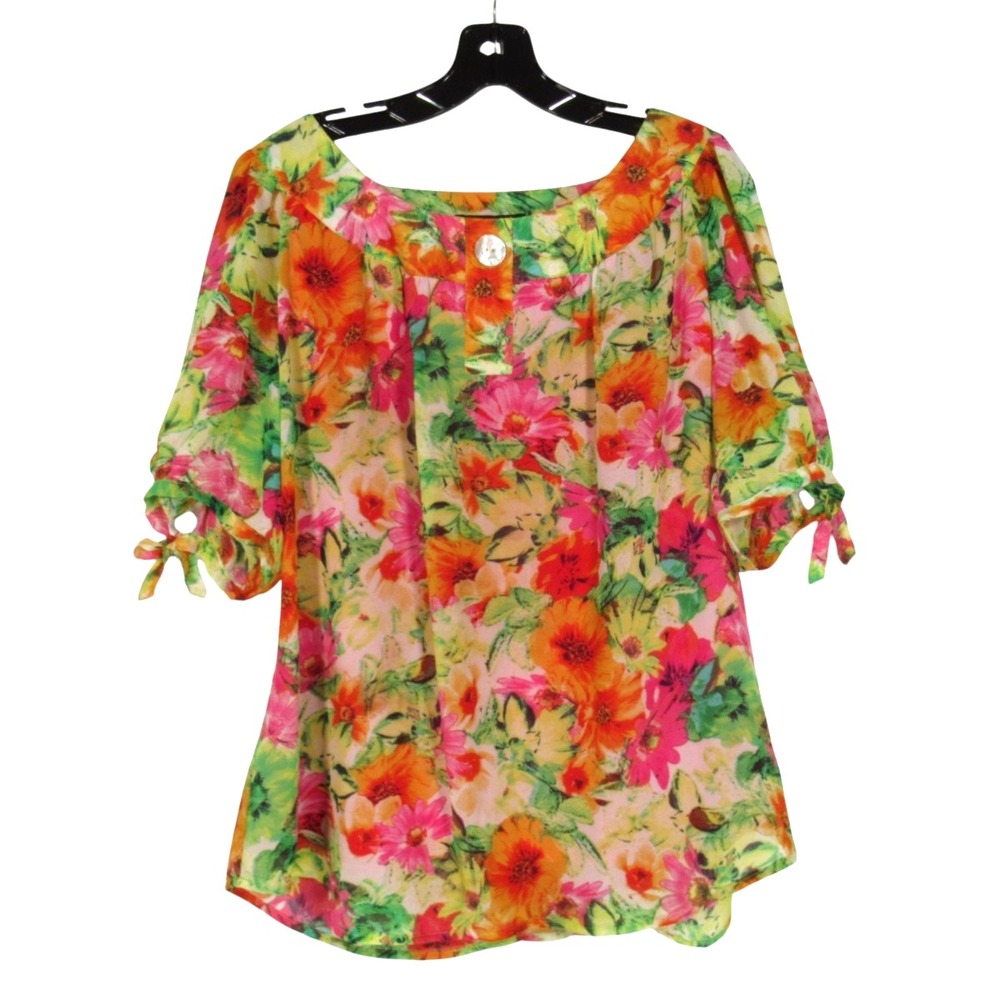 SARA MICHELLE Bright FLORAL Lined CHIFFON Faux Button TIE CUFFS Blouse/Top Sz 1X